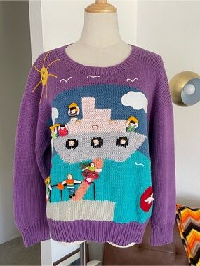 Vintage Rosie's Imports Peruvian Arpillera Boat Hand Made Knit Sweater